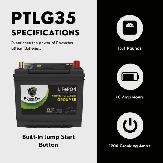 PowerTex 2017 Nissan 370Z Car Battery BCI Group 35 / Q85 Lithium LiFePO4 Automotive Battery - PTLG35-249