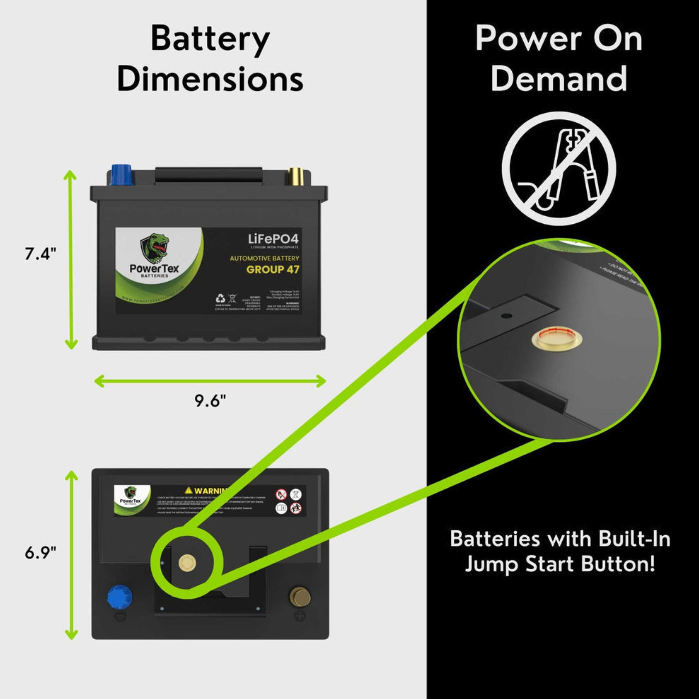 PowerTex 2023 Volkswagen Atlas L4 2.0LReplacement Car Battery BCI Group 47 Lithium LiFePO4 Automotive Powertex Battery - PTLG47-0102