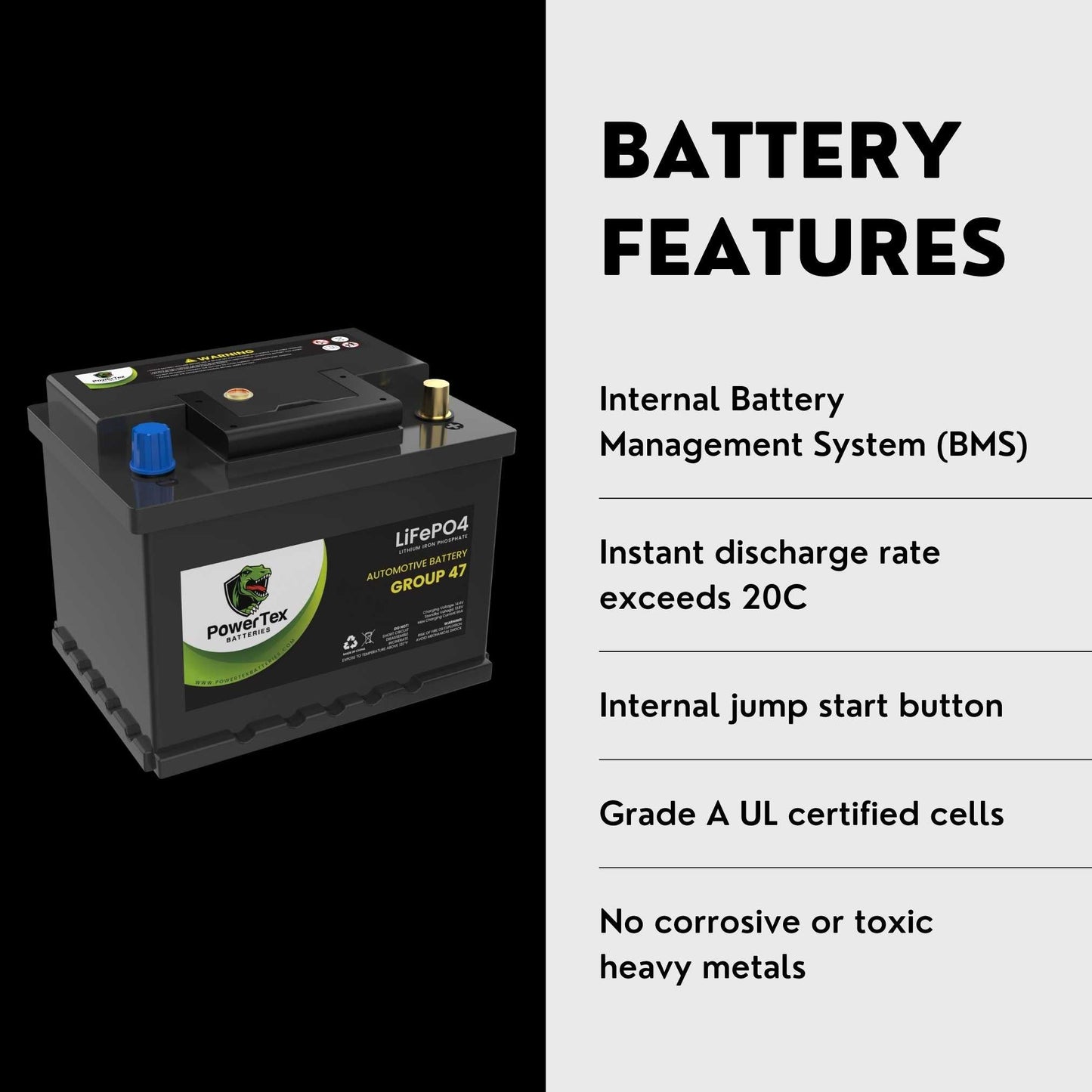 PowerTex 2017 Mercedes-Benz AMG GT Car Battery BCI Group 47 H5 Lithium LiFePO4 Replacement Automotive Battery - PTLG47-421