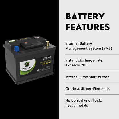 PowerTex 2010 Audi A5 Car Battery BCI Group 47 H5 Lithium LiFePO4 Replacement Automotive Battery - PTLG47-126