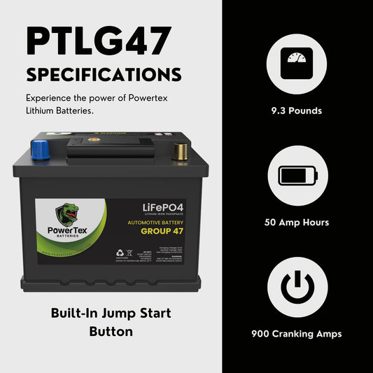 PowerTex 2018 Acura NSX Car Battery BCI Group 47 H5 Lithium LiFePO4 Replacement Automotive Battery - PTLG47-3