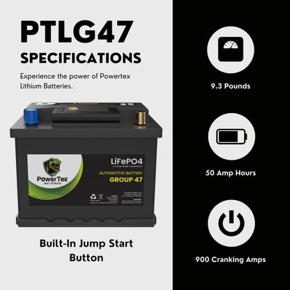 PowerTex 2022 Chevrolet Aveo L4 1.5LReplacement Car Battery BCI Group 47 Lithium LiFePO4 Automotive Powertex Battery - PTLG47-016