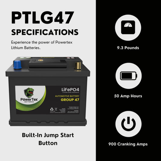 PowerTex 2021 Volkswagen Saveiro L4 1.6LReplacement Car Battery BCI Group 47 Lithium LiFePO4 Automotive Powertex Battery - PTLG47-090