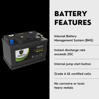 PowerTex 2013 Mercedes-Benz S65 AMG Car Battery BCI Group 48 / H6 Lithium LiFePO4 Replacement Automotive Battery - PTLG48-1390