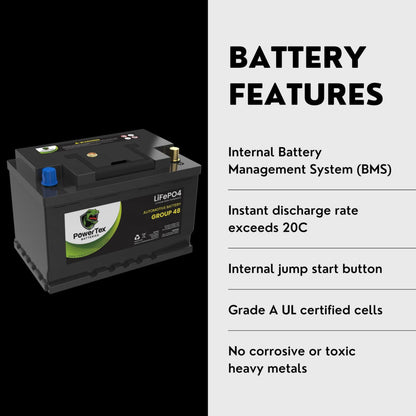 PowerTex 2023 Chevrolet Suburban V8 5.3L Replacement Car Battery BCI Group 48 Lithium LiFePO4 Automotive Powertex Battery - PTLG48-0227