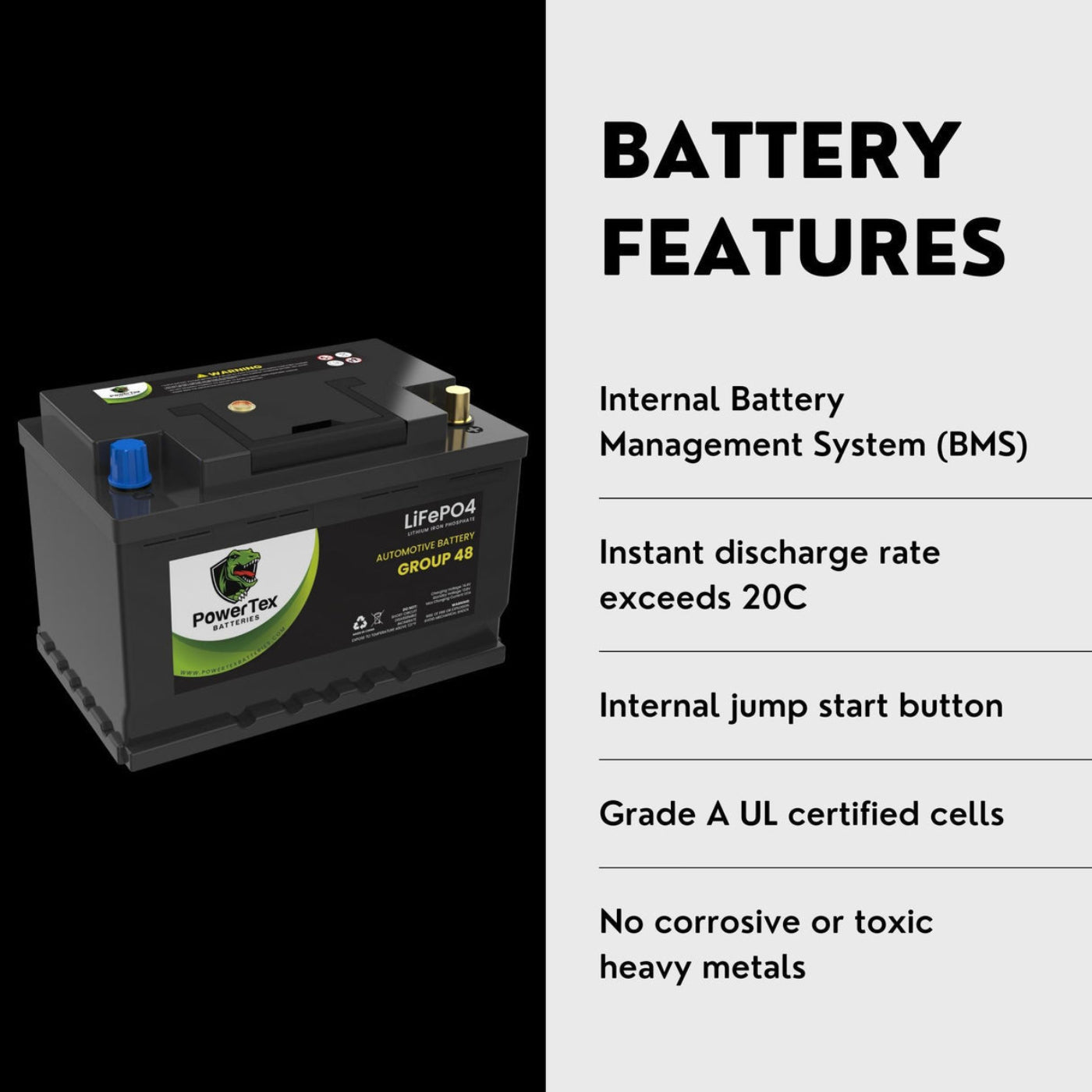 PowerTex 2023 Ford Explorer L4 2.3L Replacement Car Battery BCI Group 48 Lithium LiFePO4 Automotive Powertex Battery - PTLG48-0272