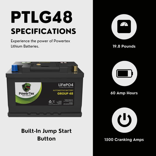 PowerTex 2021 Kia Stinger Car Battery BCI Group 48 / H6 Lithium LiFePO4 Replacement Automotive Battery -   PTLG48-1098