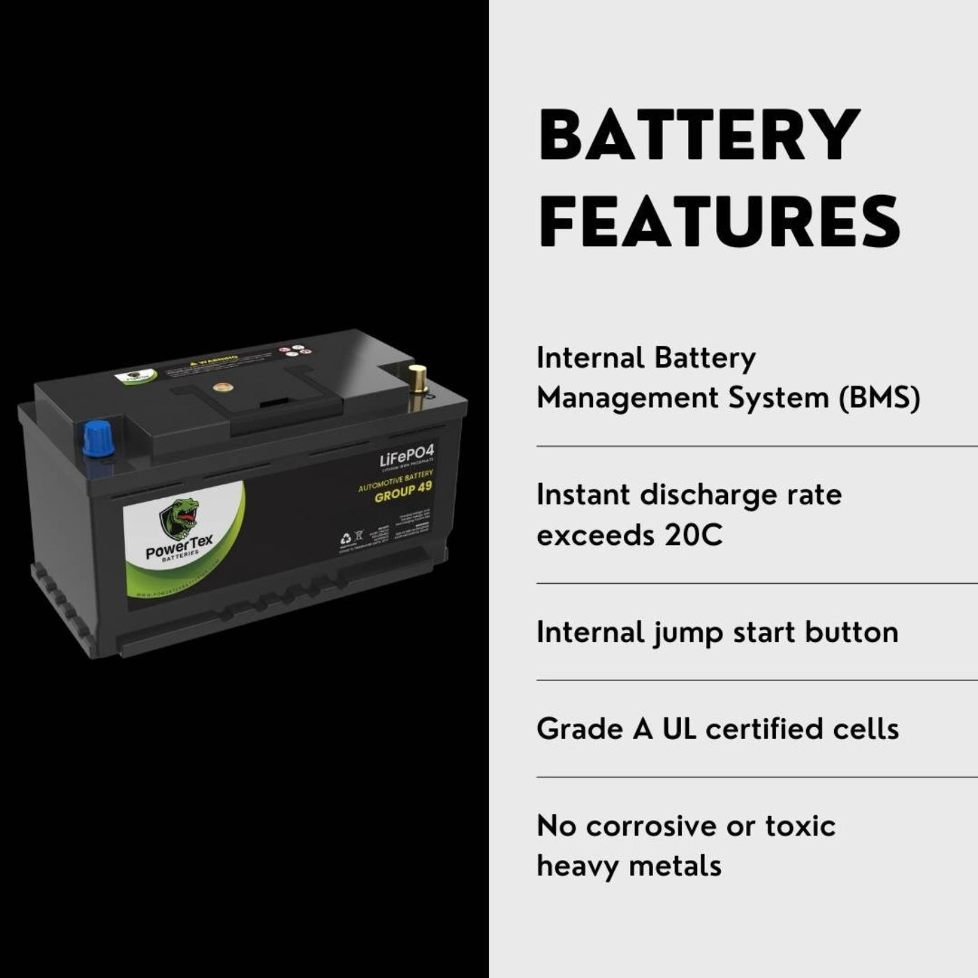 PowerTex 2008 Dodge Sprinter 2500 Car Battery BCI Group 49 / H8 Replacement Lithium LiFePO4 Automotive Battery - PTLG49-929