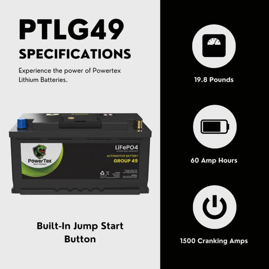 PowerTex 2021 Volkswagen Passat L4 2.0LReplacement Car Battery BCI Group 49 Lithium LiFePO4 Automotive Powertex Battery - PTLG49-06
