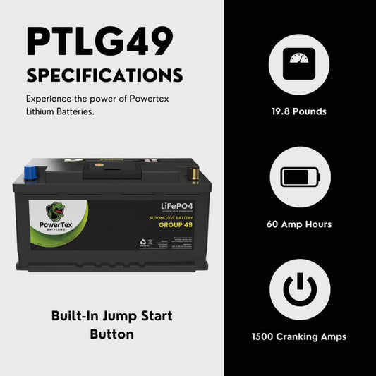PowerTex 2005 BMW X5 Car Battery BCI Group 49 / H8 Replacement Lithium LiFePO4 Automotive Battery - PTLG49-883
