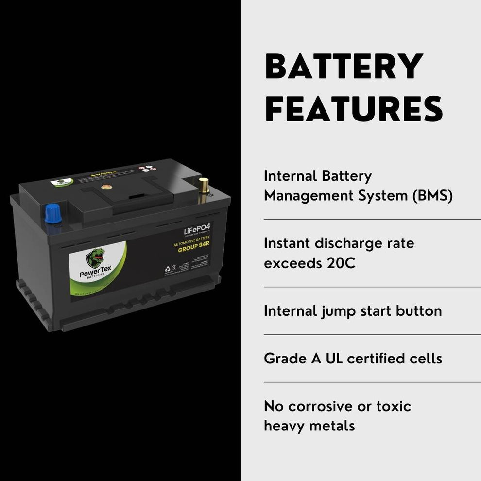 PowerTex 2024 Audi Q8 V6 3.0L Replacement Car Battery BCI Group 94R Lithium LiFePO4 Aut - PTLG94R-062omotive Powertex Battery