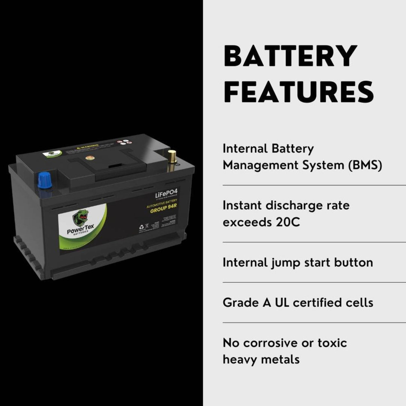 PowerTex 2023 Lexus LX600 V6 3.5L Replacement Car Battery BCI Group 94R Lithium LiFePO - PTLG94R-02844 - PTLG94R-0284 Automotive Powertex Battery