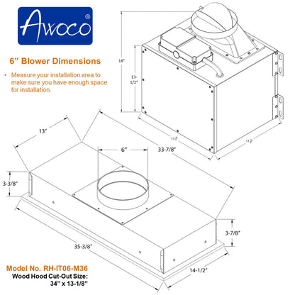 Awoco RH-IT06-M 14-1/2"D Super Quiet Split Insert Stainless Steel Range Hood, 4 Speeds With A 6" Blower Unit, 800CFM, Mesh Filters, LED Lights - RH-IT06-M30-COLD-MESH