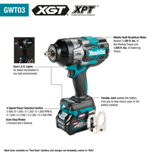 Makita 40V max XGT Brushless Cordless 4‑Speed High‑Torque 1/2" Sq. Drive Impact Wrench w/ Detent Anvil, Tool Only - GWT03Z