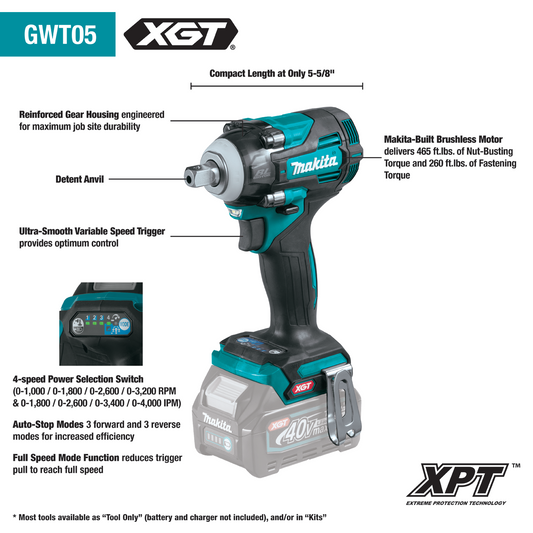 Makita 40V Max XGT Brushless Cordless 4‑Speed 1/2" Sq. Drive Impact Wrench w/ Detent Anvil (Bare Tool) - GWT05Z