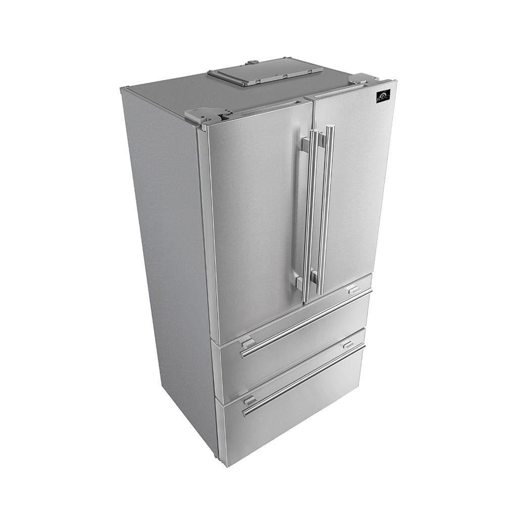 Forno 4-Piece Pro Appliance Package - 36-Inch Dual Fuel Range, French Door Refrigerator, Wall Mount Hood with Backsplash, and Dishwasher in Stainless Steel - AP4-6187-36