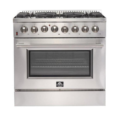 Forno 5-Piece Appliance Package - 36-Inch Dual Fuel Range, Refrigerator, Wall Mount Hood, 24-Inch Microwave Drawer, & 3-Rack Dishwasher in Stainless Steel - APR5-6156-36-H-MWD