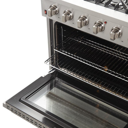Forno 5-Piece Appliance Package - 36-Inch Gas Range, 60-Inch Pro-Style Refrigerator, Wall Mount Hood with Backsplash, 24-Inch Microwave Oven, & 3-Rack Dishwasher in Stainless Steel - AP5-60S-6244-36-MWO
