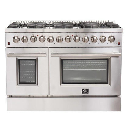 Forno 5-Piece Appliance Package - 48-Inch Dual Fuel Range, Refrigerator, Wall Mount Hood, 24-Inch Microwave Oven, & 3-Rack Dishwasher in Stainless Steel - APR5-6156-48-H-MWO