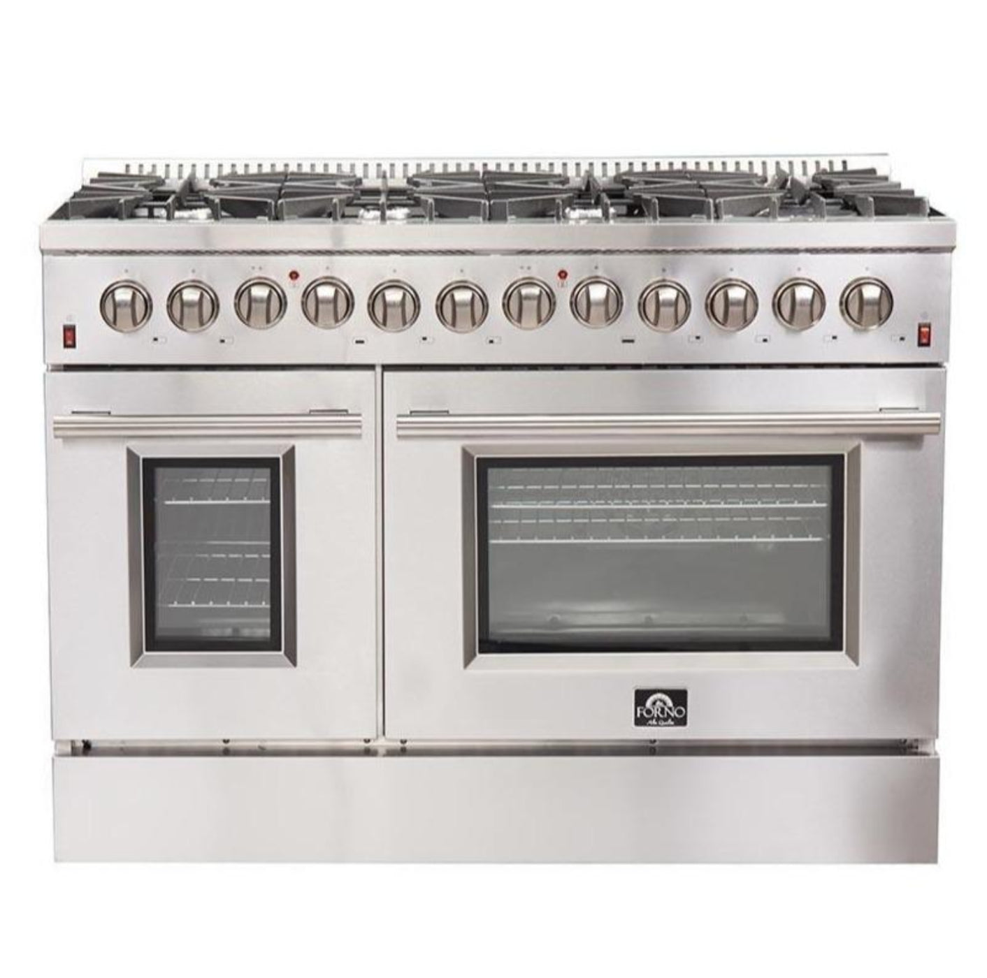 Forno 5-Piece Appliance Package - 48-Inch Dual Fuel Range, 60-Inch Pro-Style Refrigerator, Wall Mount Hood, 24-Inch Microwave Drawer, & 3-Rack Dishwasher in Stainless Steel - APD5-6156-48-H-MWD