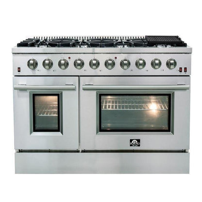 Forno 5-Piece Appliance Package - 48-Inch Gas Range, Refrigerator with Water Dispenser, Wall Mount Hood, 24-Inch Microwave Drawer, & 3-Rack Dishwasher in Stainless Steel - APW5-6244-48-H-MWD