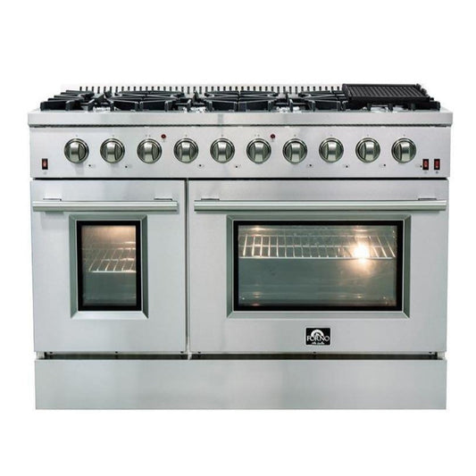 Forno 5-Piece Appliance Package - 48-Inch Gas Range, Refrigerator with Water Dispenser, Wall Mount Hood, 24-Inch Microwave Oven, & 3-Rack Dishwasher in Stainless Steel - APW5-6244-48-H-MWO