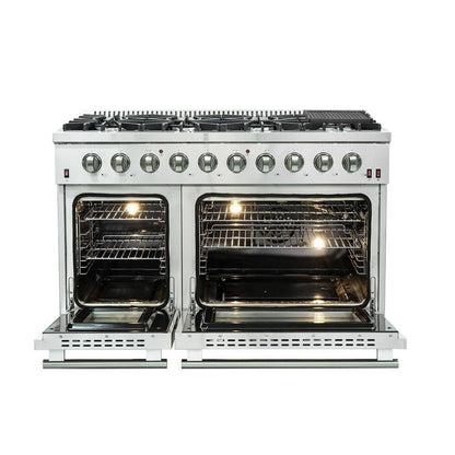 Forno 5-Piece Appliance Package - 48-Inch Gas Range, Refrigerator with Water Dispenser, Wall Mount Hood, 24-Inch Microwave Oven, & 3-Rack Dishwasher in Stainless Steel - APW5-6244-48-H-MWO