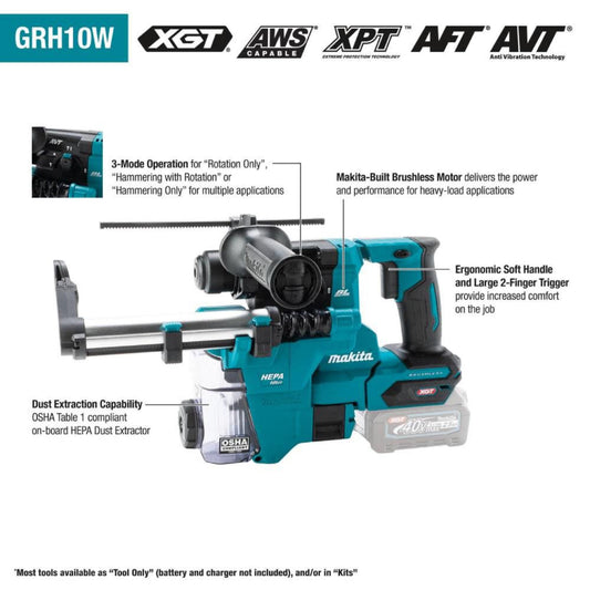 Makita 40V MAX XGT Cordless 13/16 In. SDS-PLUS AVT Rotary Hammer Kit with Dust Extractor - GRH10D1W